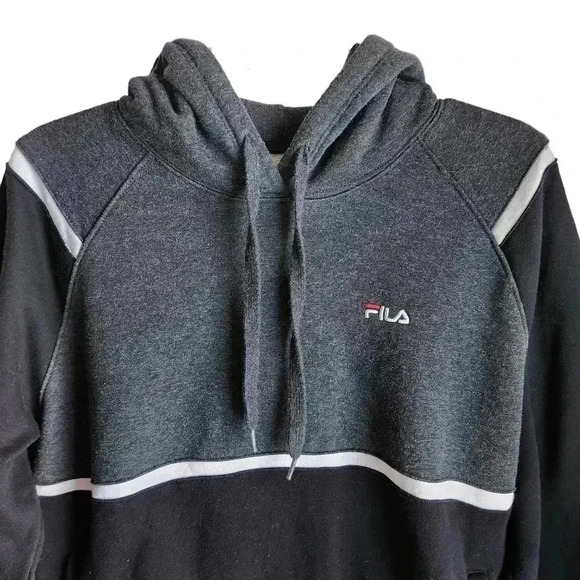 Fila Men’s L Pullover Hoodie Gray Black White Colour Block Embroidered Logo - Picture 3 of 10